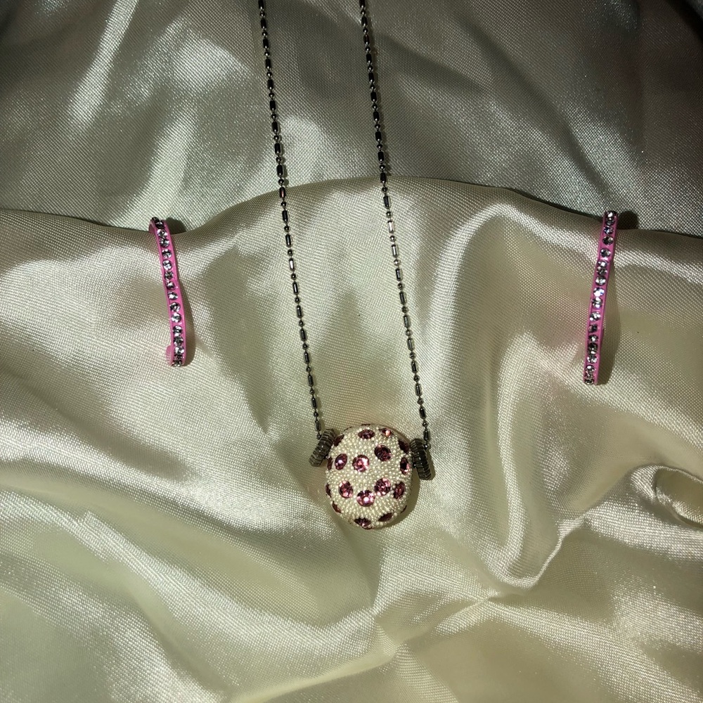 Pink bling bead pendant silver chain earrings NWT